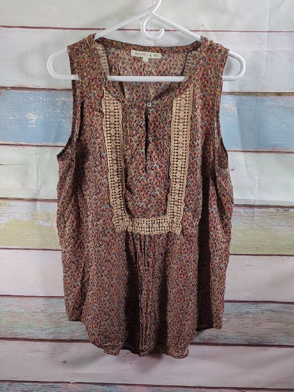 Daniel Rainn Multicolor Crochet-Trim Sleeveless Women's Top- Brown/Beige